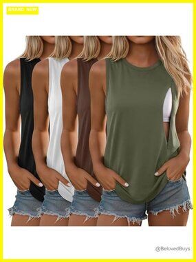 4 Pack Nursing Tank Tops with Hidden Zippers Sleeveless Maternity Tops Loose Fit